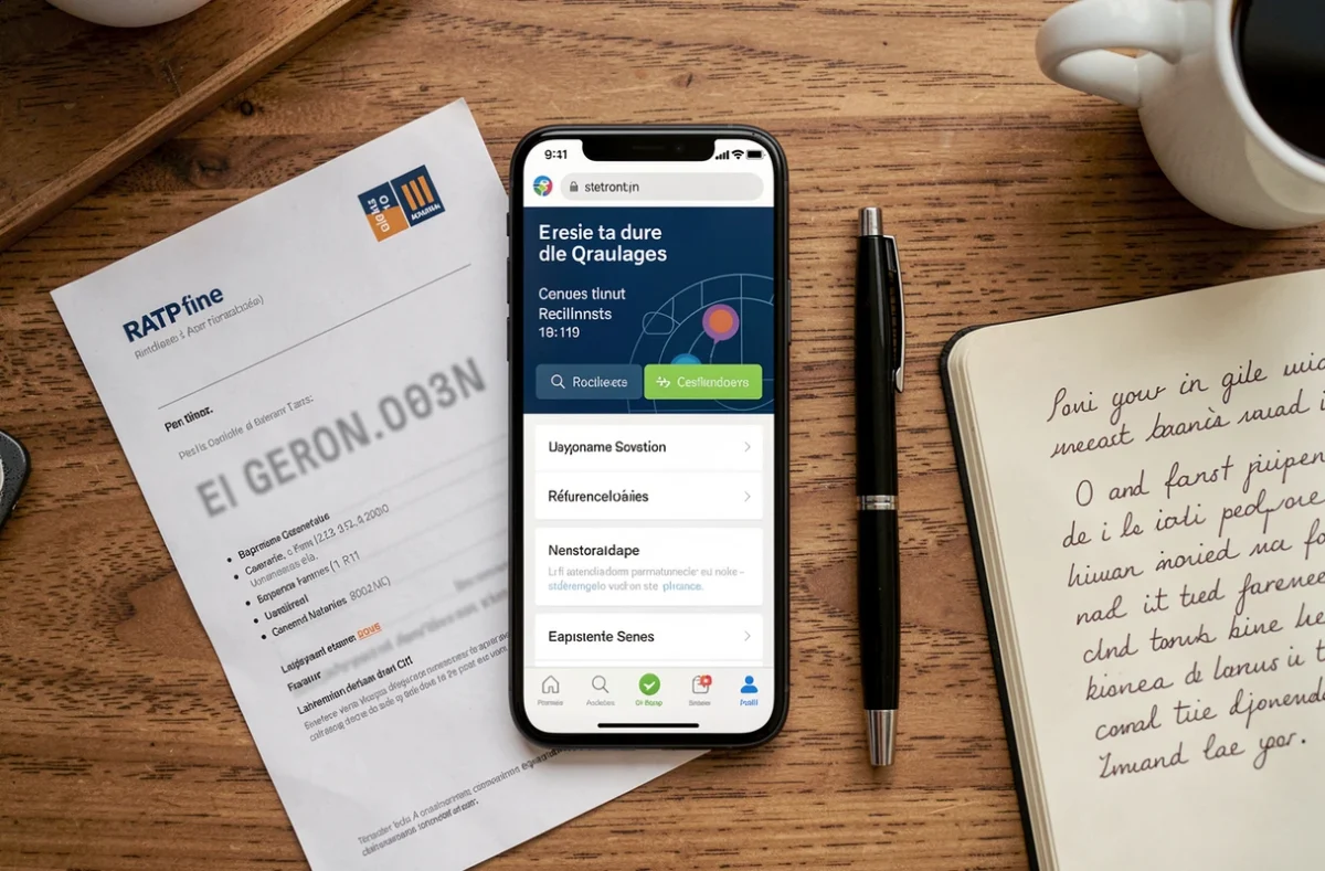 Vue aérienne d'un bureau avec smartphone, document d'amende RATP et notes manuscrites pour retrouver une référence de paiement