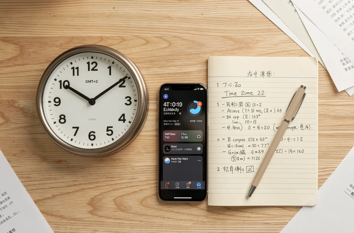 Vue aérienne d'un bureau avec horloge analogique et smartphone affichant le fuseau horaire GMT+2