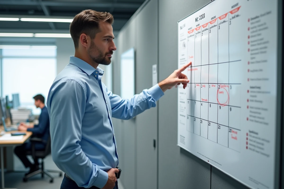 Homme en bureau pointant un numéro de semaine sur un calendrier mural pour planifier les semaines paires et impaires