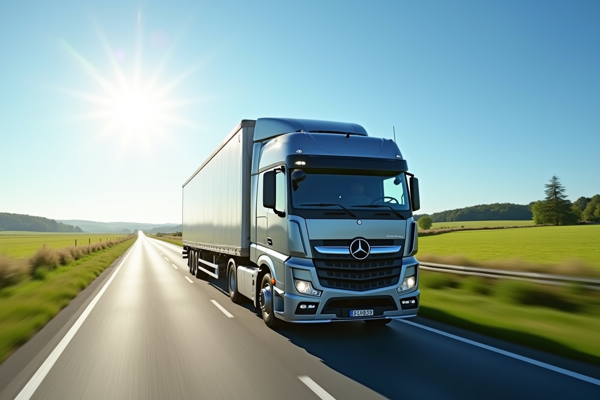 Camion articulé roulant en campagne sous un ciel bleu en plein jour