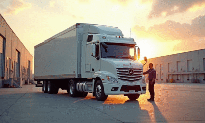Camion semitrailer blanc neuf au lever du soleil devant un entrepôt