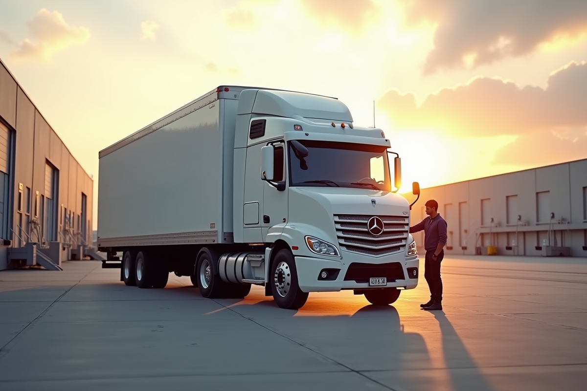 Camion semitrailer blanc neuf au lever du soleil devant un entrepôt