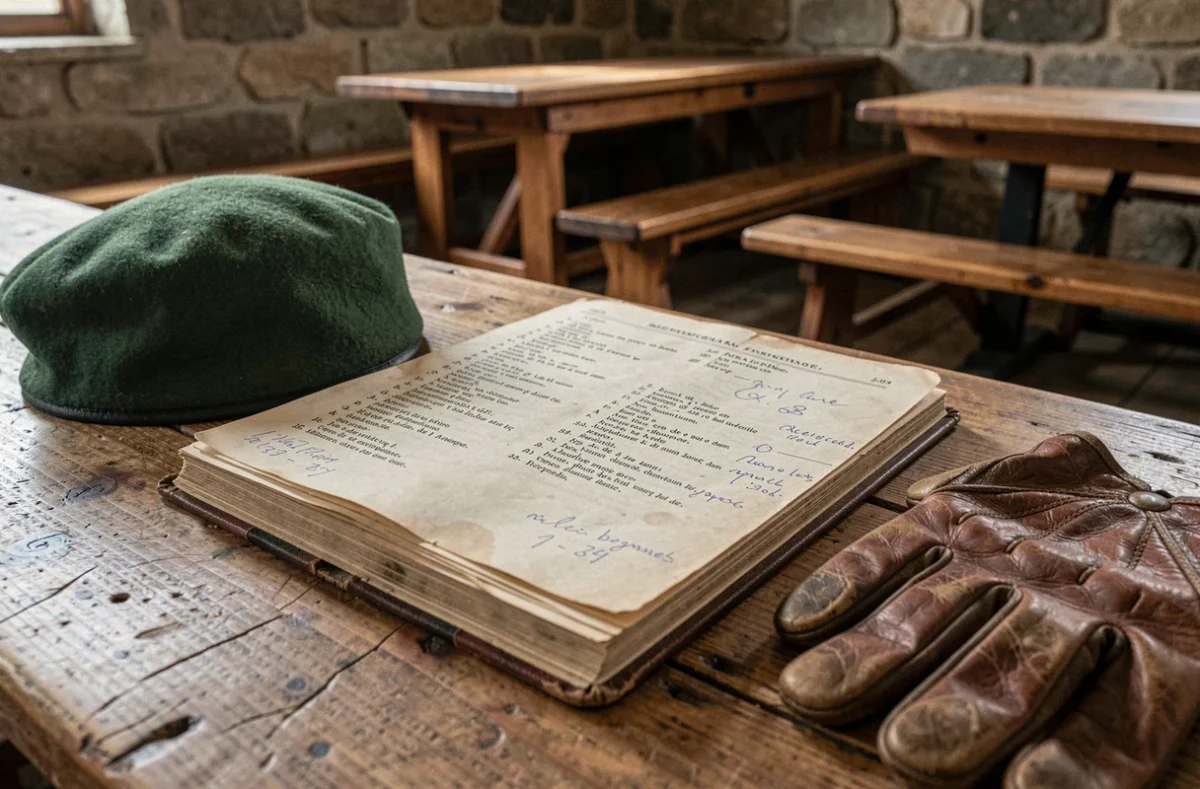 Carnet de chants militaires de la Légion étrangère ouvert avec béret vert et gants en cuir sur une table de chambrée