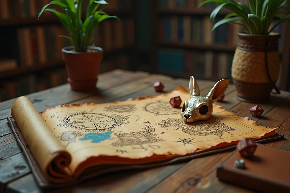 Scène de table avec carte de quête, notes manuscrites et accessoires de jeu de rôle fantastique inspirés de Dofus