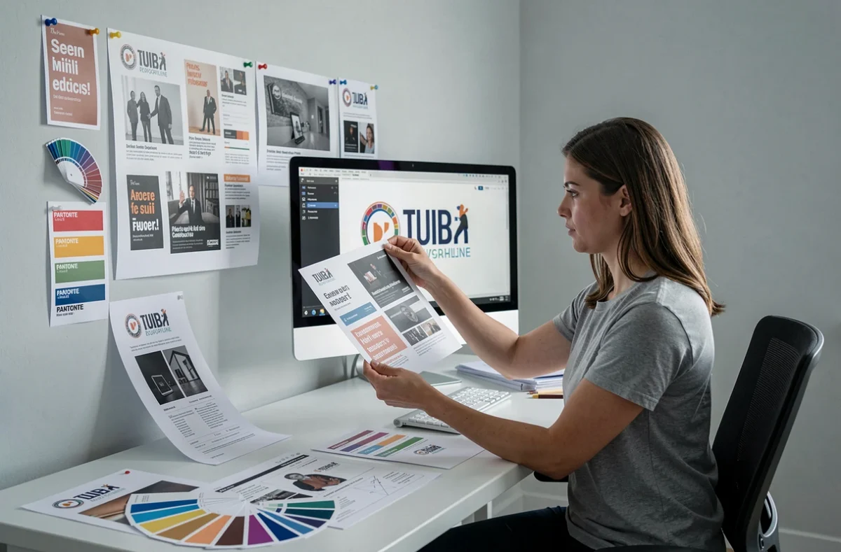 Designer de CDS Design travaillant sur l'identité visuelle et la signalétique d'un événement professionnel