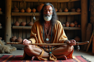 Chaman masculin en robe traditionnelle pratiquant un rituel ancien