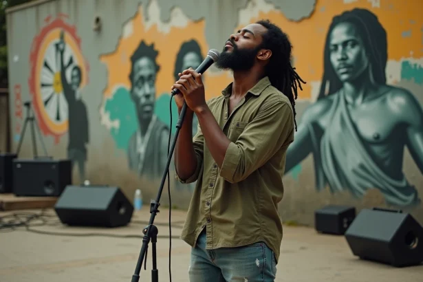Chanteur de reggae engagé sur scène urbaine, microphone en main devant une fresque murale de justice sociale