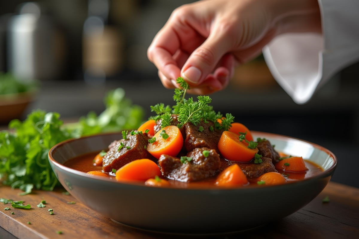 Chef garnissant un ragoût de bœuf avec des herbes fraîches