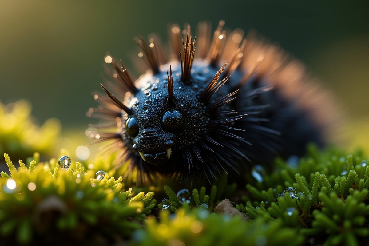 Chenille noire sur mousse avec gouttes de rosée au matin