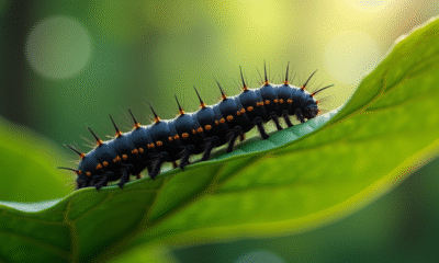 Chenille noire sur une feuille verte en forêt ensoleillée