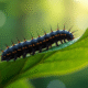 Chenille noire sur une feuille verte en forêt ensoleillée