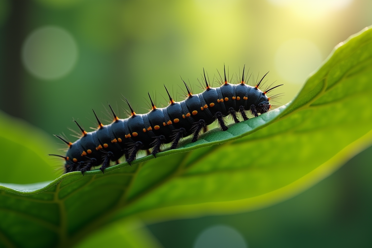 Chenille noire sur une feuille verte en forêt ensoleillée