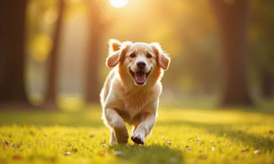 Golden retriever courant dans un parc ensoleille