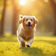 Golden retriever courant dans un parc ensoleille