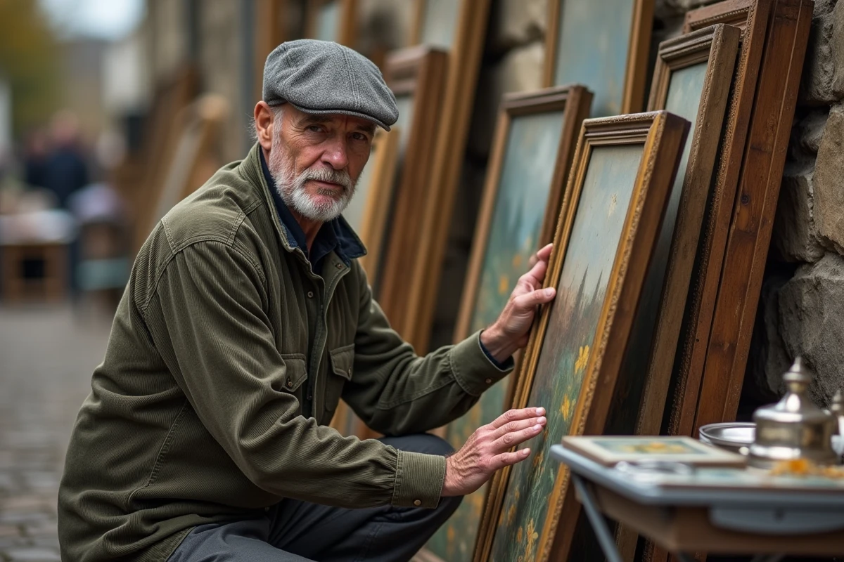 Chineur passionné inspectant des tableaux anciens contre un mur en pierre lors d'une brocante en Lorraine