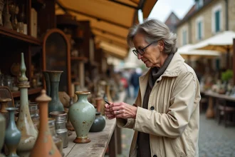 Chineuse expérimentée examinant un vase ancien dans une brocante en plein air en Moselle