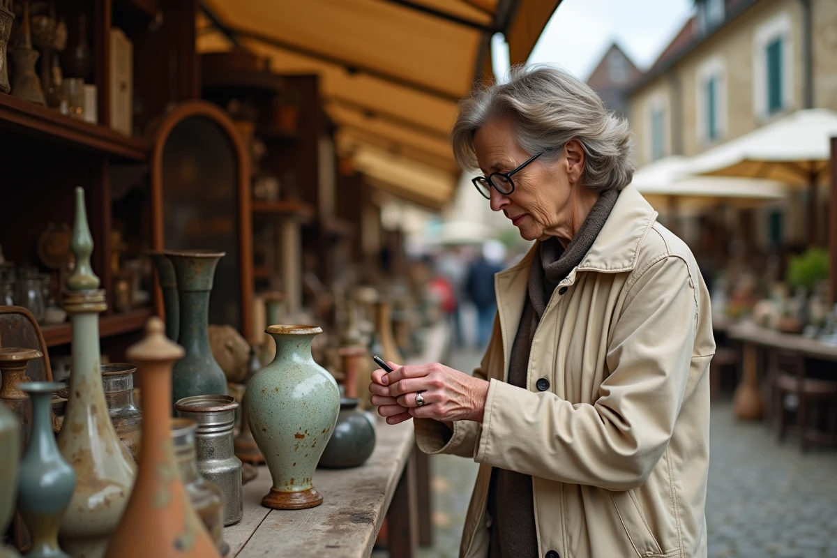 Chineuse expérimentée examinant un vase ancien dans une brocante en plein air en Moselle