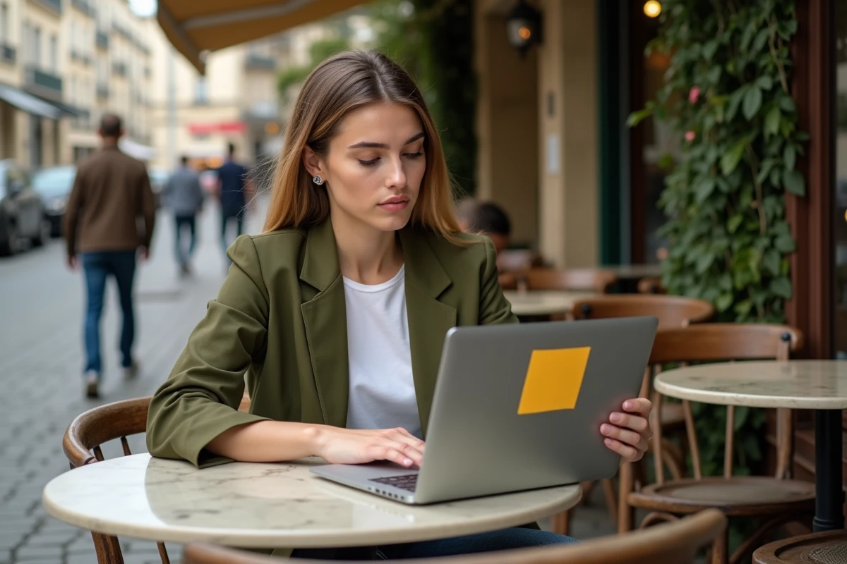 Jeune femme lisant une citation motivante sur son ordinateur dans un café parisien en plein air