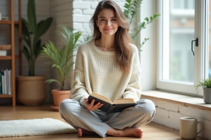 Femme écrivant dans un journal personnel pour son développement personnel dans un espace minimaliste