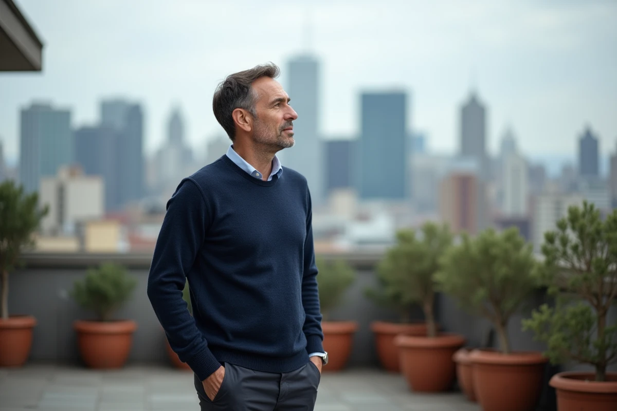 Homme sur une terrasse urbaine contemplant la ville avec une attitude positive et confiante
