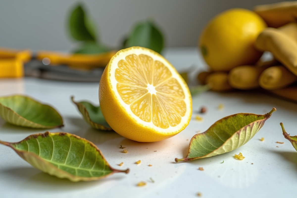 Citron coupé sur une table avec feuilles malades et outils de jardinage