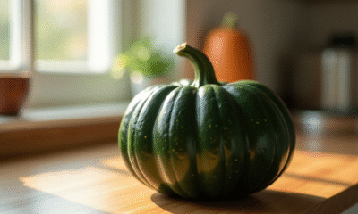 Citrouille verte fraîche sur plan de travail en cuisine