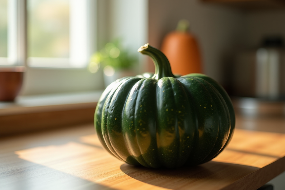 Citrouille verte fraîche sur plan de travail en cuisine