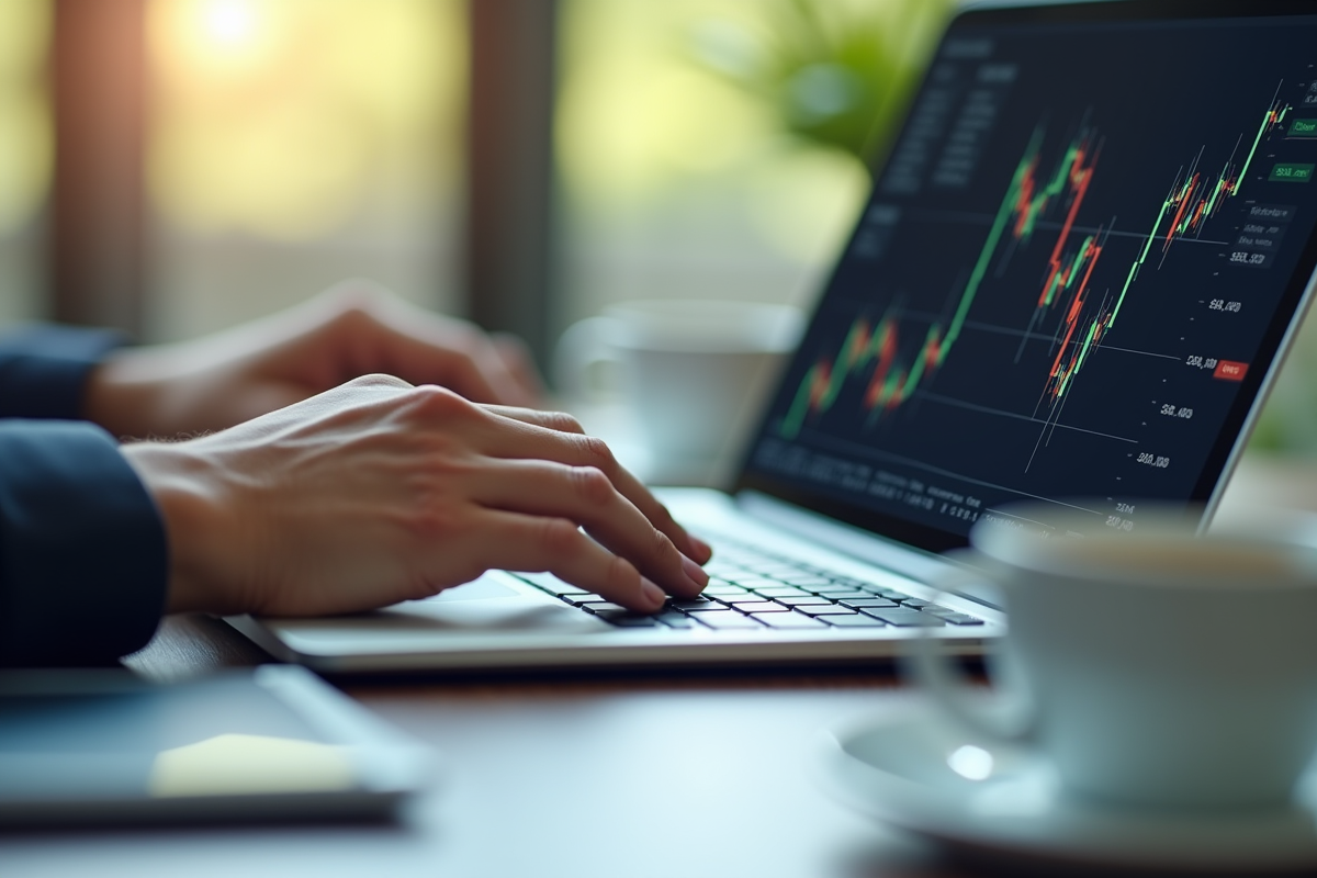 Mains tapant sur un clavier avec graphiques financiers