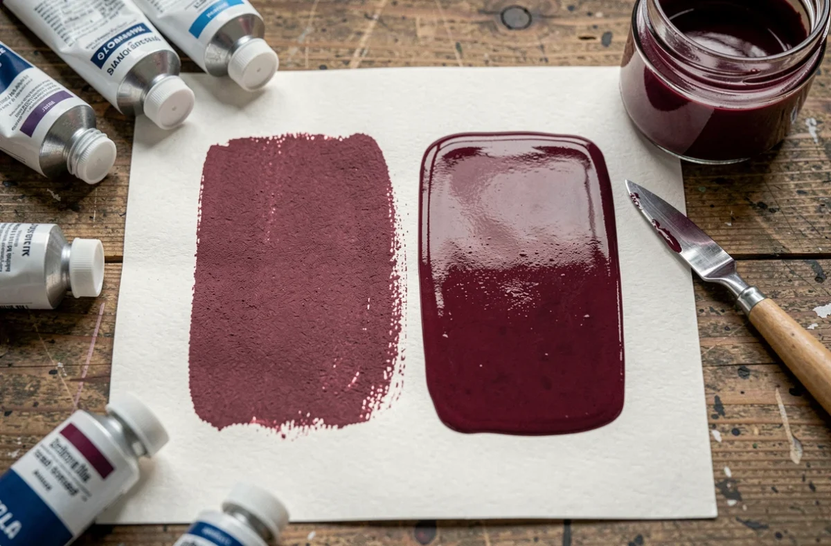 Comparaison de deux nuances de bordeaux mat et brillant sur papier aquarelle avec tubes de peinture
