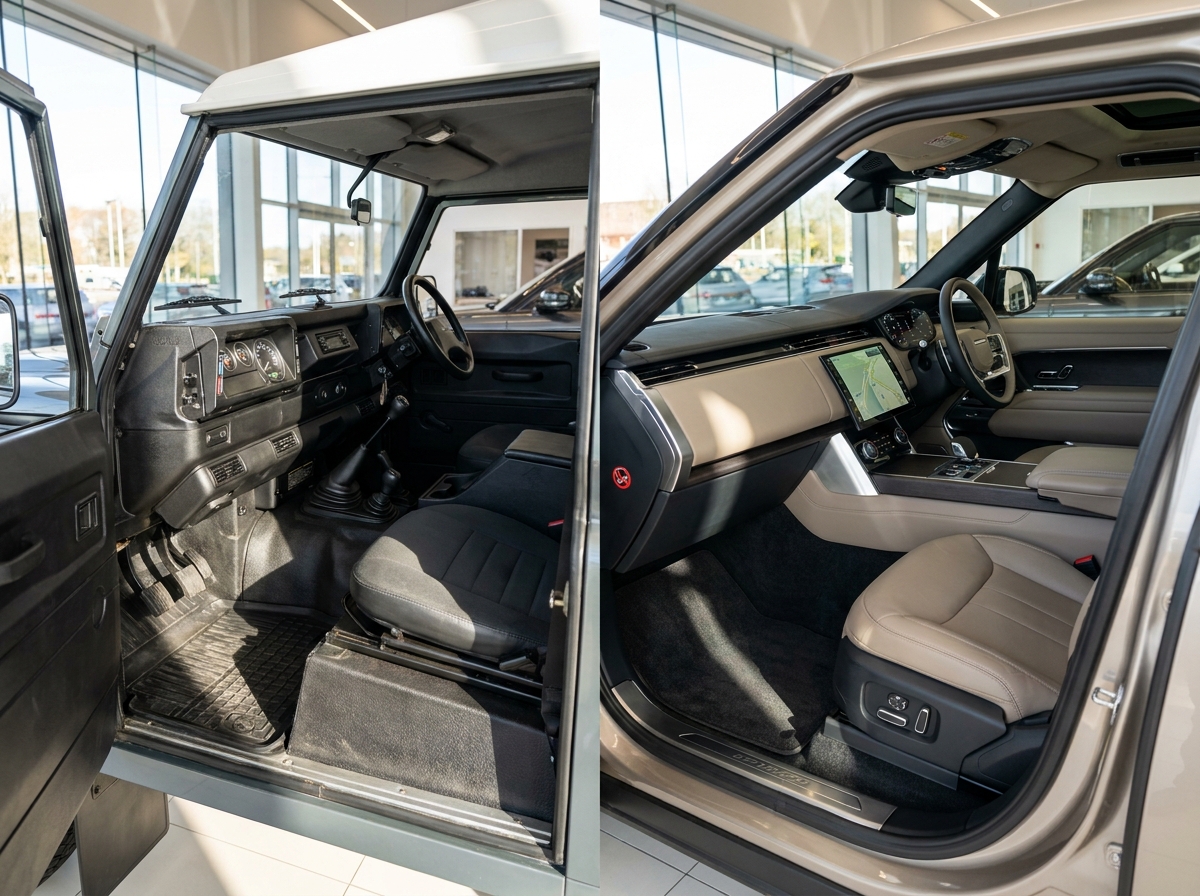 Comparaison intérieure côte à côte entre un 4x4 utilitaire et un SUV moderne dans un showroom automobile