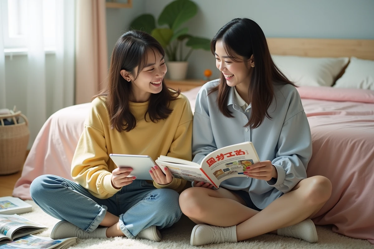 Deux amies comparant une version imprimée et un scantrad numérique d'un manga yaoi dans une chambre