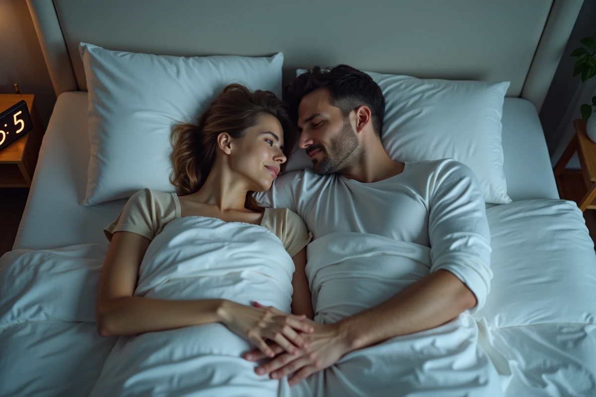 Couple au réveil observant 05h55 sur le réveil, mains entrelacées dans un lit aux draps blancs, symbolisant un message d'amour angélique