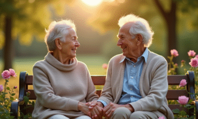 Couple agee tenant la main sur un banc dans un parc en fleurs