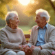 Couple agee tenant la main sur un banc dans un parc en fleurs