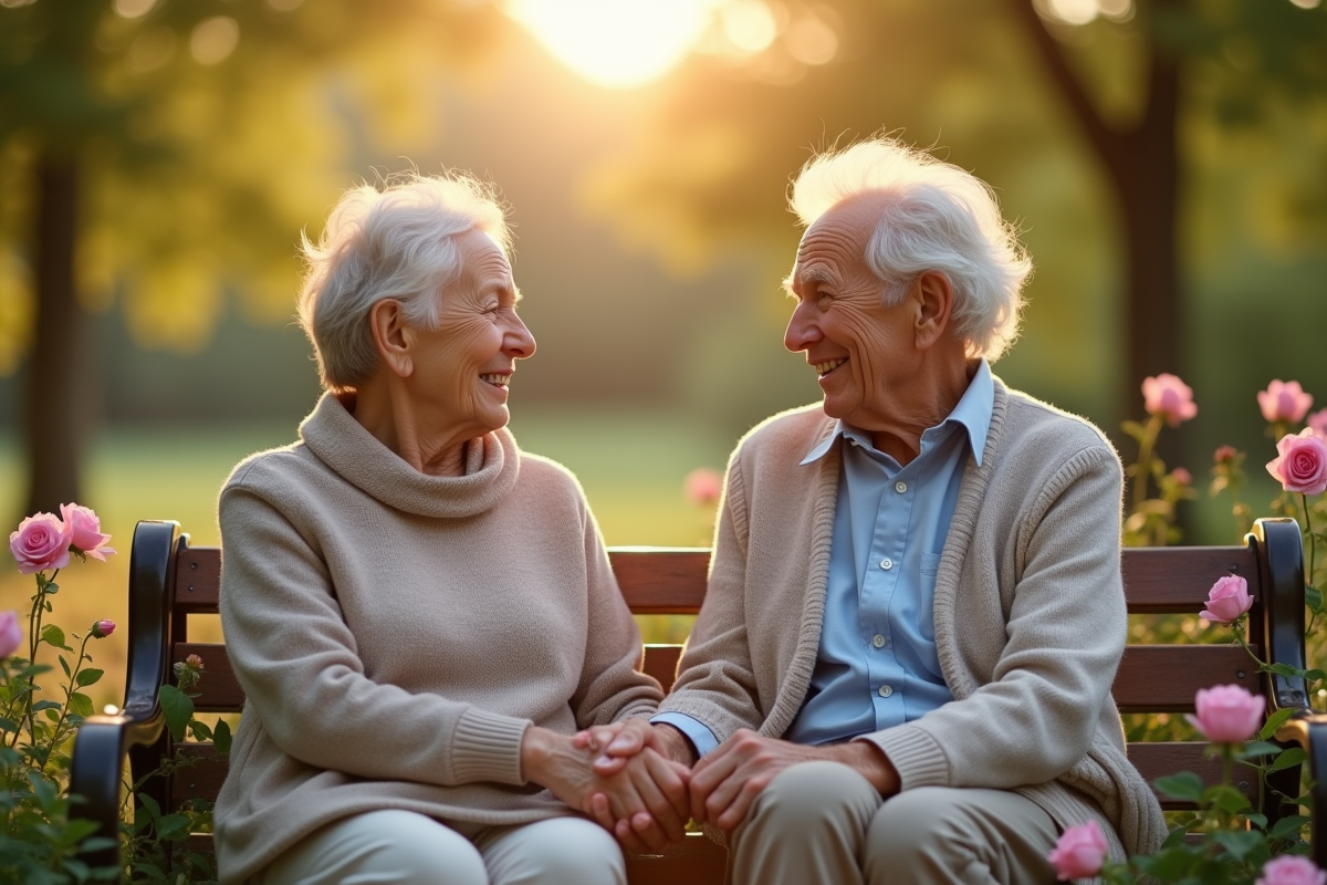 Couple agee tenant la main sur un banc dans un parc en fleurs