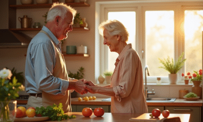 Vieux couple qui cuisine en riant dans une cuisine lumineuse