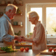 Vieux couple qui cuisine en riant dans une cuisine lumineuse