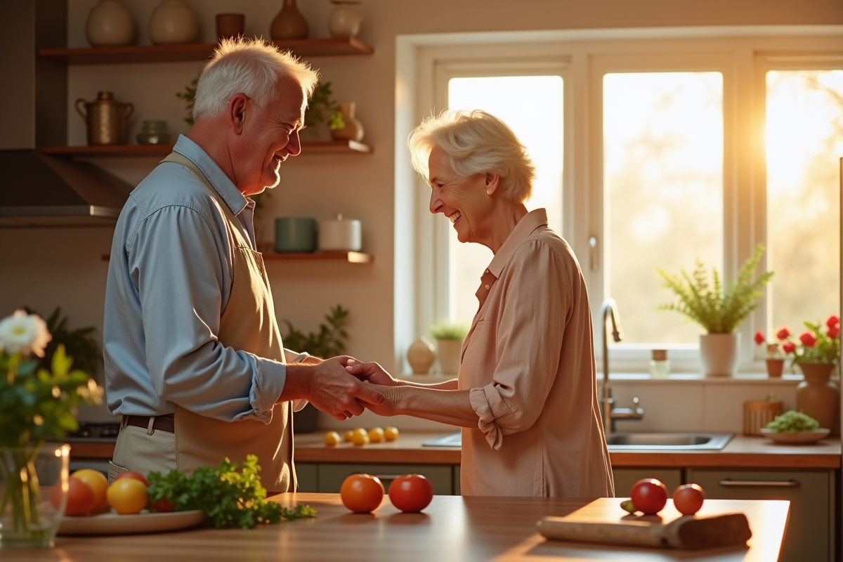 Vieux couple qui cuisine en riant dans une cuisine lumineuse