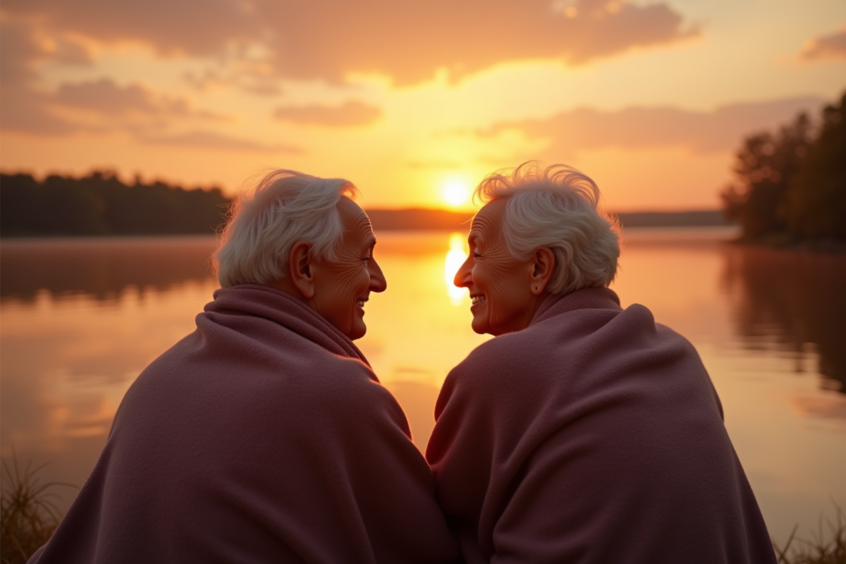 Couple âgé assis au bord du lac au coucher du soleil