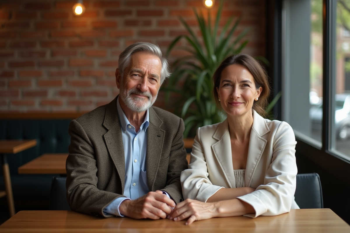 Couple élégant assis dans un café cosy et moderne