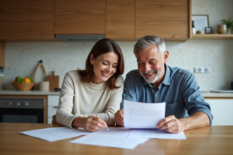 Couple souriant examinant documents de mortgage à la maison