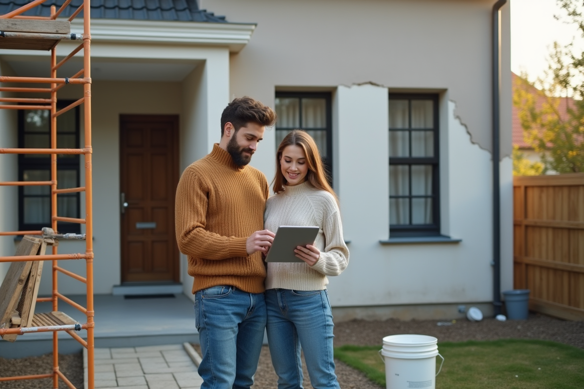 Jeune couple regardant un devis de travaux devant leur maison