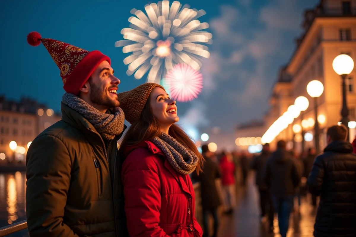 Couple regardant le feu d'artifice du Nouvel An à Lyon depuis un belvédère, visages illuminés par les éclairs colorés