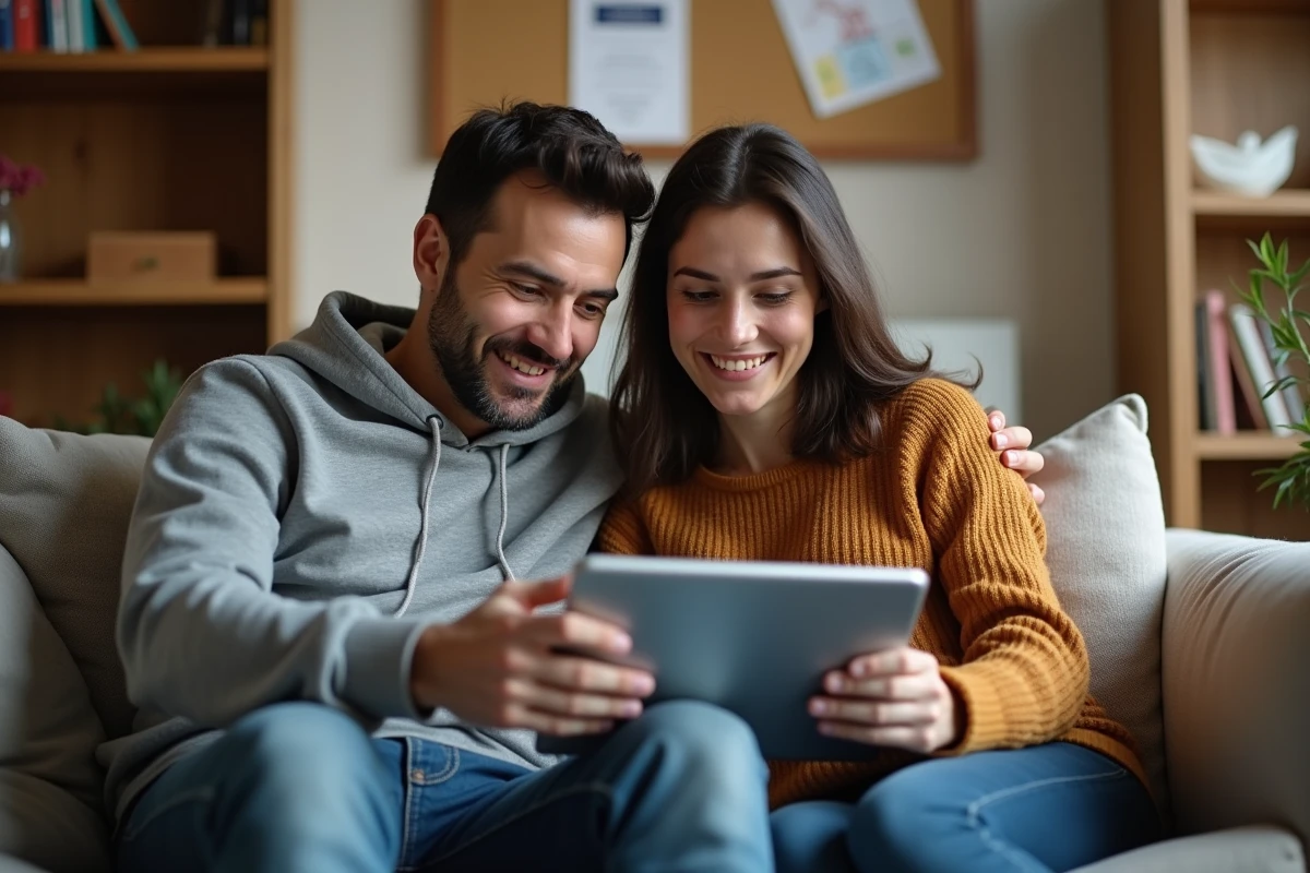 Couple de parents consultant un site de réservation de vacances sur une tablette pour organiser les congés scolaires autour de la rentrée 2026