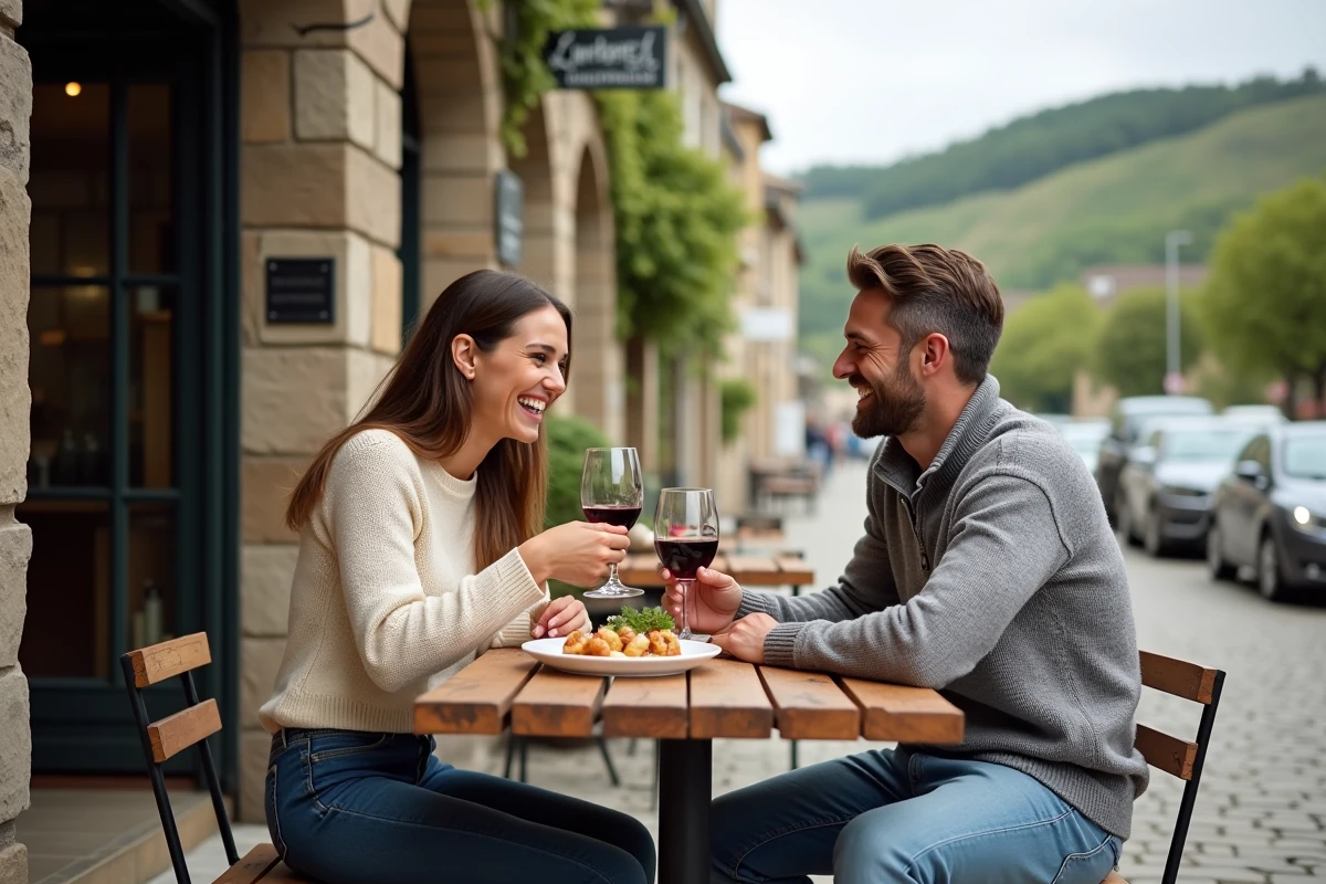 Couple souriant partageant pintxos à Dantxaria Venta
