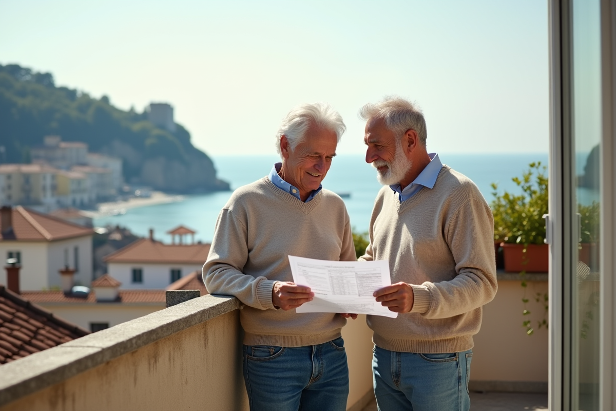 Couple retraité discute de leurs impots sur un balcon en bord de mer