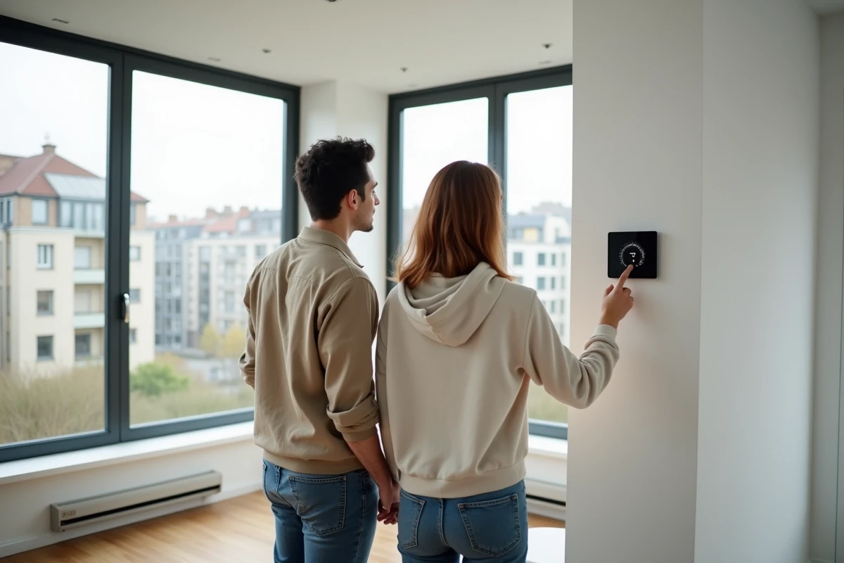Couple consultant le thermostat de leur nouveau système de chauffage dans un appartement au Havre