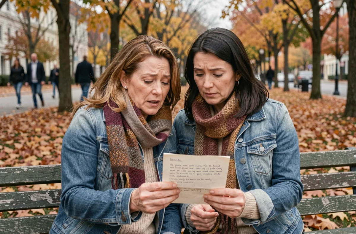 Deux amies émues assises sur un banc dans un parc en automne, l'une lisant une lettre d'amitié touchante à voix haute pendant que l'autre retient ses larmes