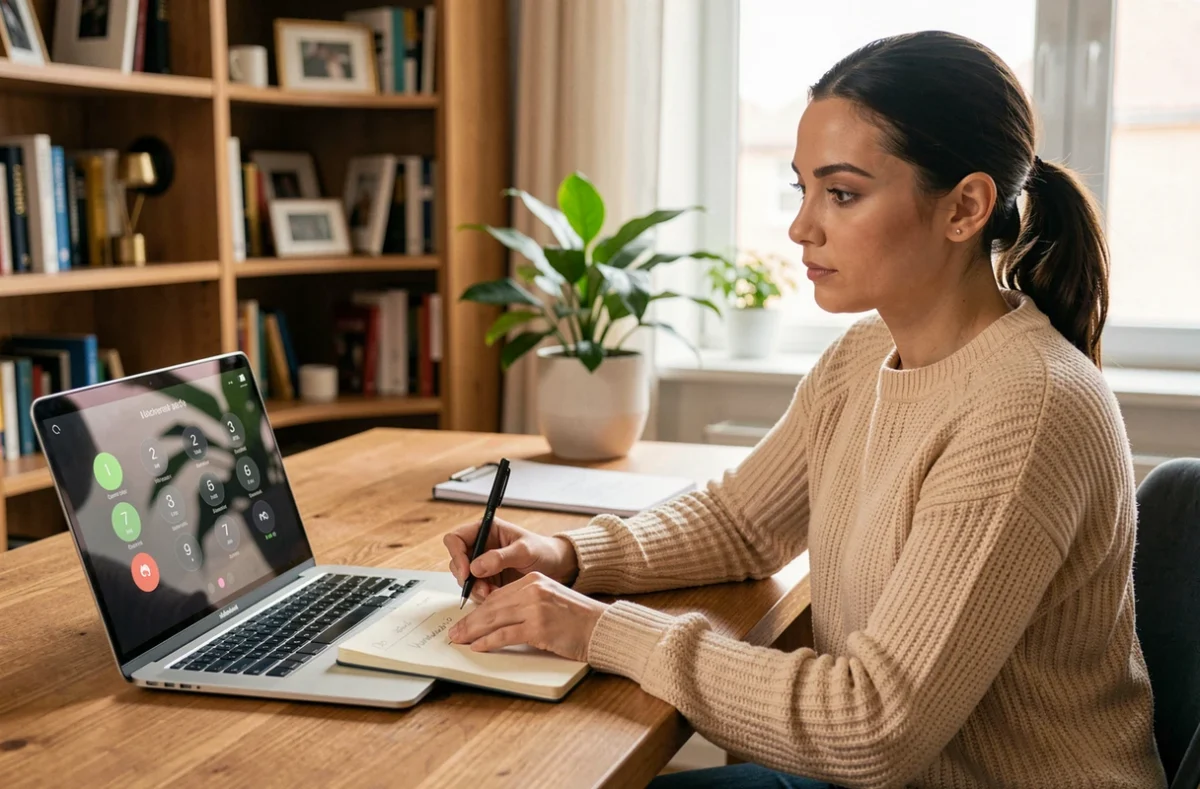 Femme notant les différences entre 44, +44 et 0044 indicatifs téléphoniques internationaux