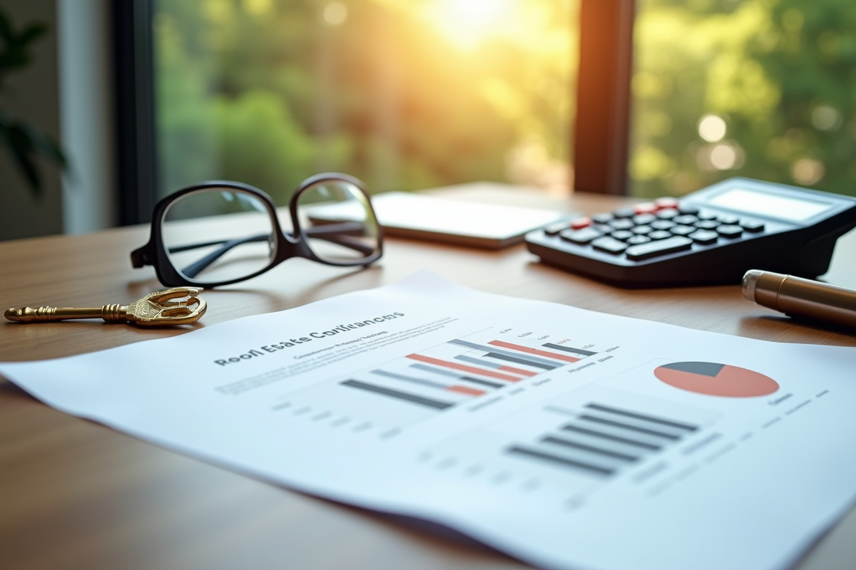 Documents immobiliers et financiers sur un bureau ensoleille